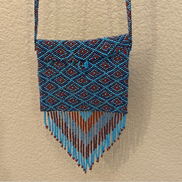 Handbags - Elegant Beaded Blue and Burgundy Fringe Mini Bag Size 3 1/2”x4”